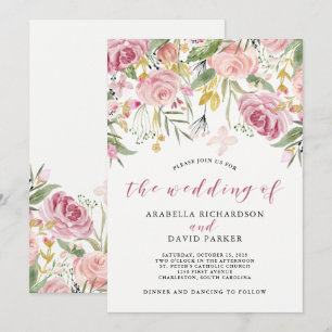 Invitation Aquarelle en fleurs  Mariage floral rose et or