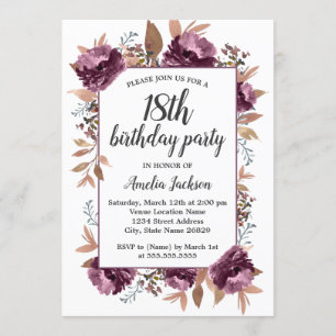 Invitation Aquarelle en fleurs violettes 18e anniversaire Inv