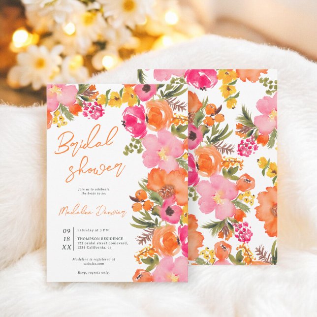 Invitation Aquarelle en gras Boho Orange rose Floral Bride (Bold Boho Watercolor Orange Pink Floral Bridal)