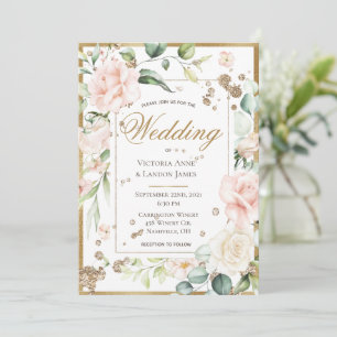 Invitation Aquarelle en or bleu Mariage floral romantique