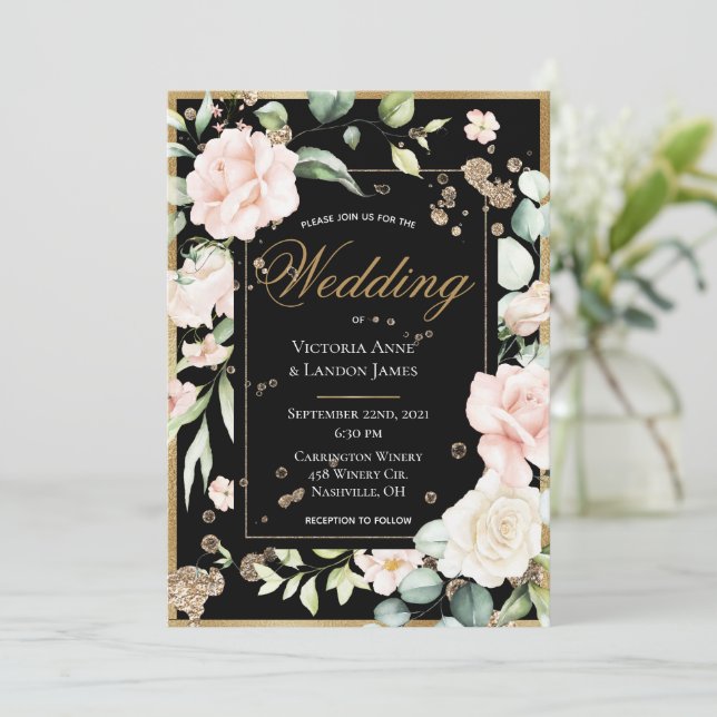 Invitation Aquarelle en or bleu Mariage floral romantique (Debout devant)