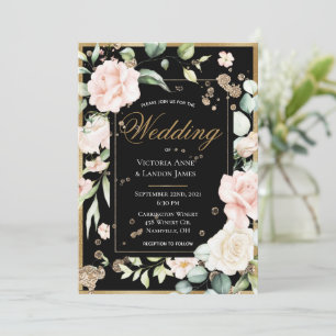Invitation Aquarelle en or bleu Mariage floral romantique