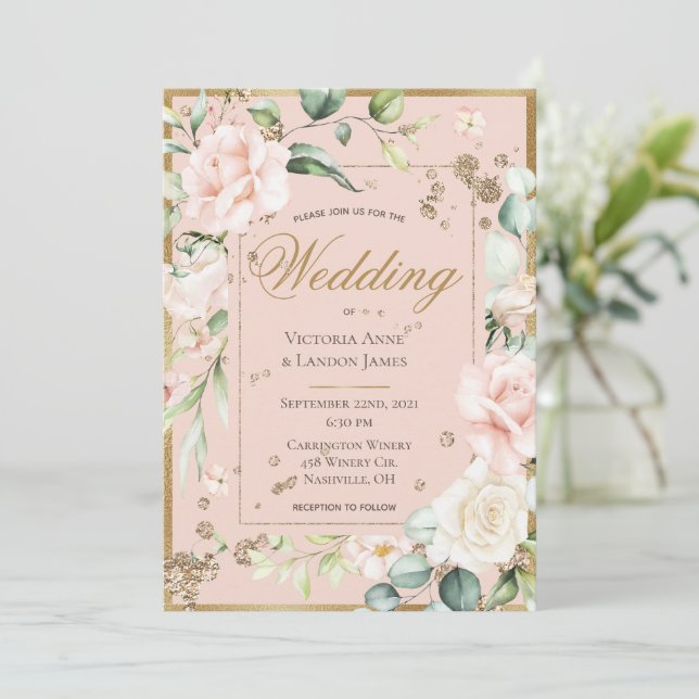 Invitation Aquarelle en or bleu Mariage floral romantique (Debout devant)