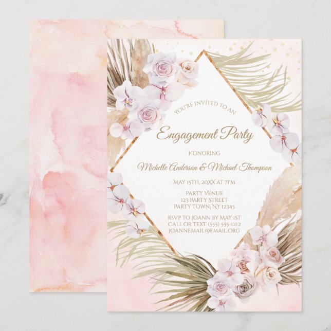 Invitation Aquarelle en or rose brillant Fleur d'engagement (Devant / Derrière)