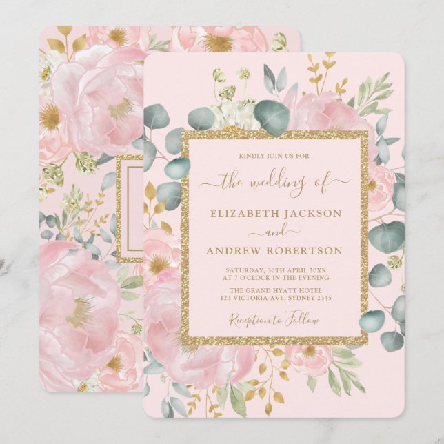 Invitation Aquarelle en or rose joli Floral Mariage de luxe (Devant / Derrière)