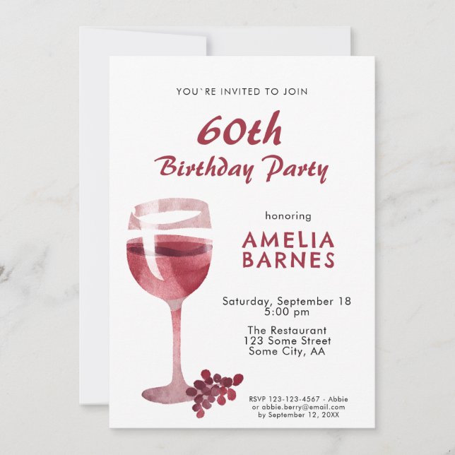 Invitation Aquarelle en verre de vin rouge 60e anniversaire f (Devant)