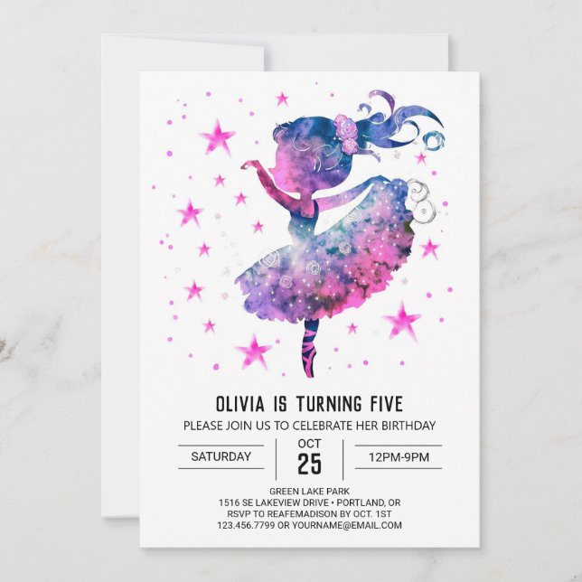 Invitation Aquarelle Enchanted Ballerina Anniversaire (Devant)