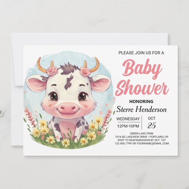 Invitation Aquarelle Enchanted Cute Cow Baby shower (Devant)