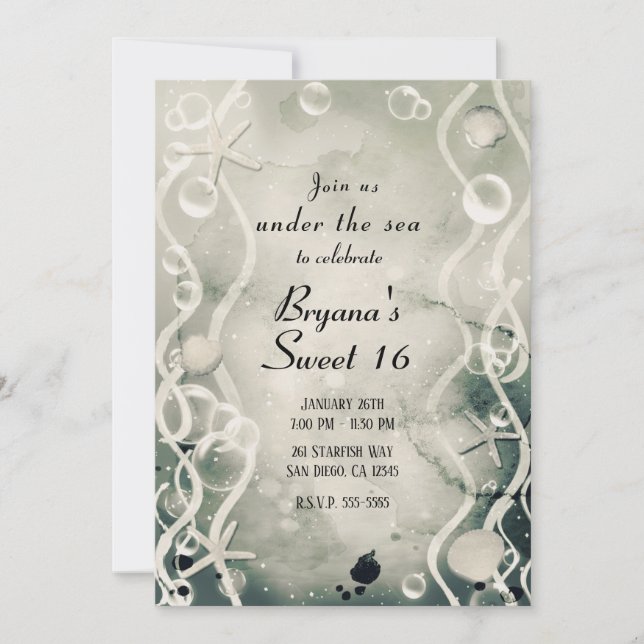 Invitation Aquarelle Encre Splash Pearl Grey Sous Mer Douce (Devant)