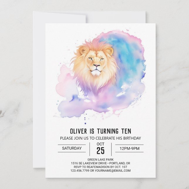 Invitation Aquarelle Enfants Lion Anniversaire (Devant)