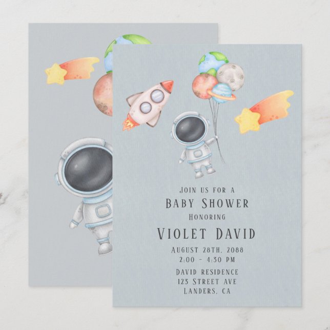 Invitation Aquarelle Espace extra-atmosphérique Baby shower g (Devant / Derrière)