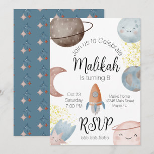 Invitation Aquarelle Espace fête d'anniversaire pour garçon o