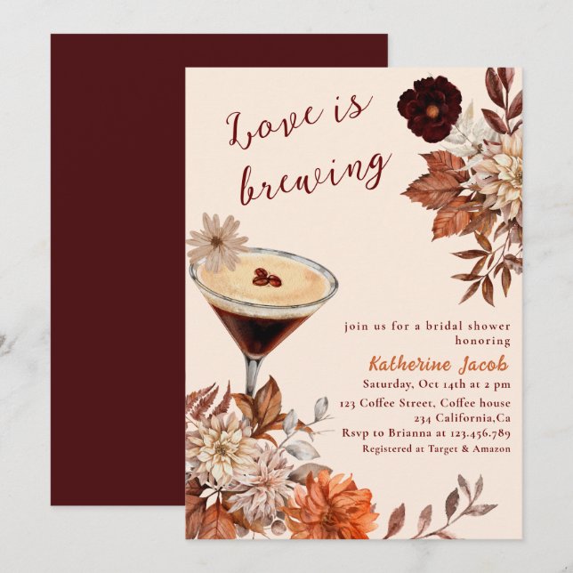 Invitation Aquarelle Espresso Martini Fête des mariées de chu (Devant / Derrière)