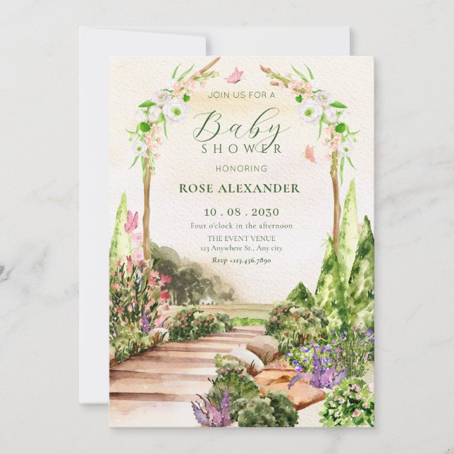 Invitation Aquarelle esthétique jardin fleuri baby shower (Devant)