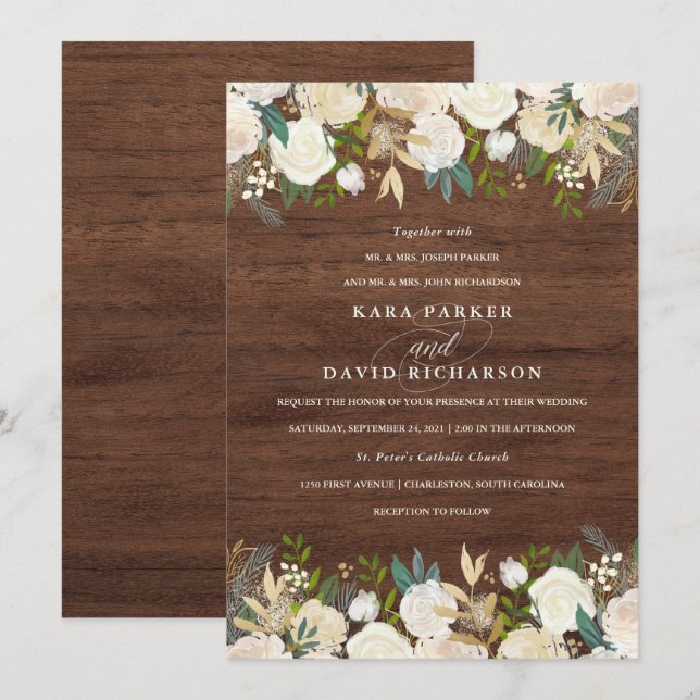 Invitation Aquarelle et bois | Mariage floral rustique (Devant / Derrière)