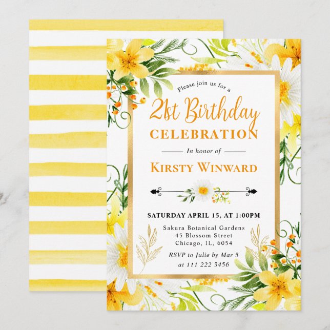 Invitation Aquarelle et Fleurs Jaunes 21e anniversaire (Devant / Derrière)