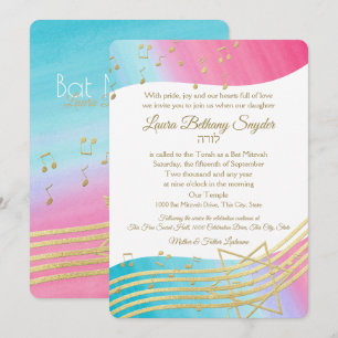 Invitation Aquarelle et or du Bat mitzvah de musique