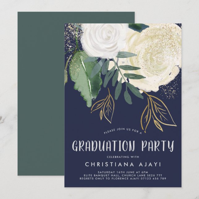 Invitation Aquarelle et Parties scintillant Roses Graduation  (Devant / Derrière)