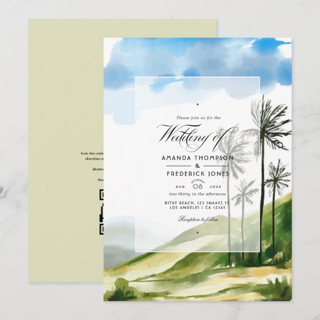 Invitation Aquarelle Été QR Code RSVP Plage Mariage (Devant / Derrière)