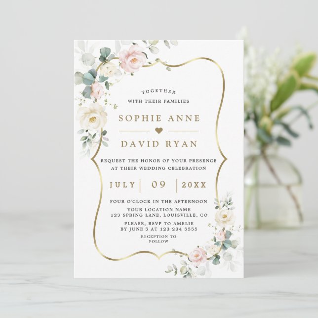 Invitation Aquarelle Ethereal Roses Feuille Mariage or (Debout devant)