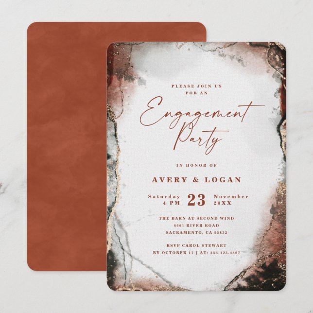 Invitation Aquarelle Ethérée Brûlé Orange Partie d'engagement (Devant / Derrière)