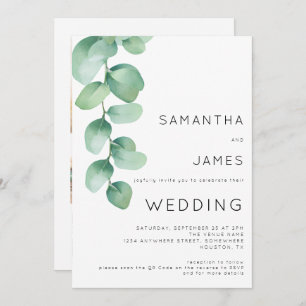 Invitation Aquarelle Eucalyptus 3 Photos QR Code Mariage