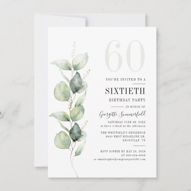 Invitation Aquarelle Eucalyptus 60e anniversaire (Devant)