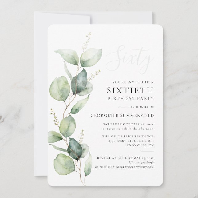 Invitation Aquarelle Eucalyptus 60e anniversaire (Devant)