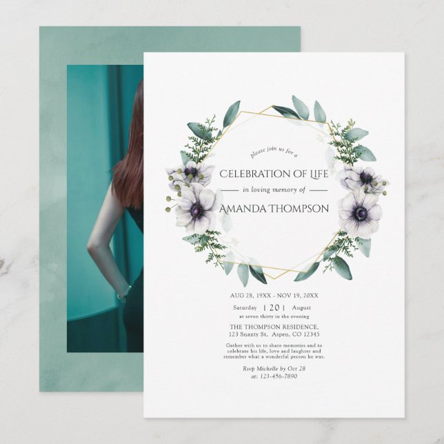 Invitation Aquarelle Eucalyptus Anémone Célébration de la vie (Devant / Derrière)
