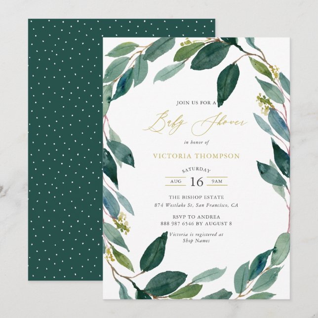 Invitation Aquarelle Eucalyptus Baby shower de couronne (Devant / Derrière)