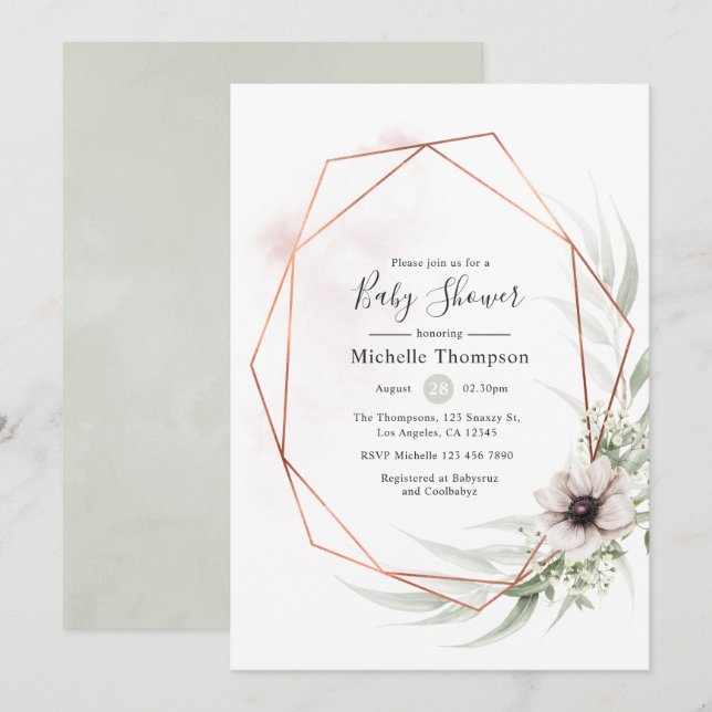 Invitation Aquarelle Eucalyptus Baby shower géométrique (Devant / Derrière)