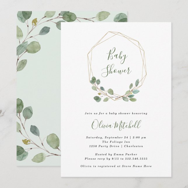 Invitation Aquarelle Eucalyptus | Baby shower géométrique or (Devant / Derrière)