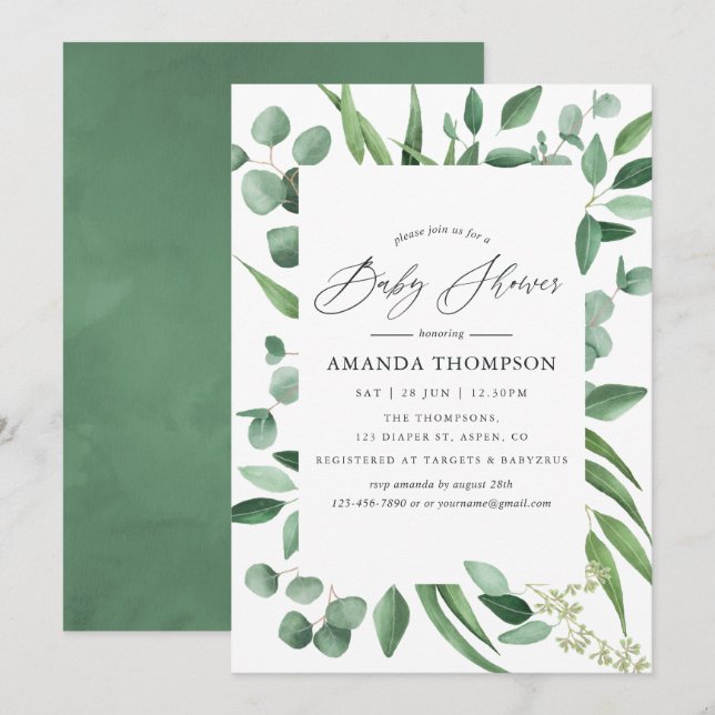 Invitation Aquarelle Eucalyptus Baby shower vert (Devant / Derrière)