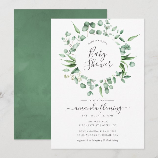 Invitation Aquarelle Eucalyptus Baby shower vert (Devant / Derrière)