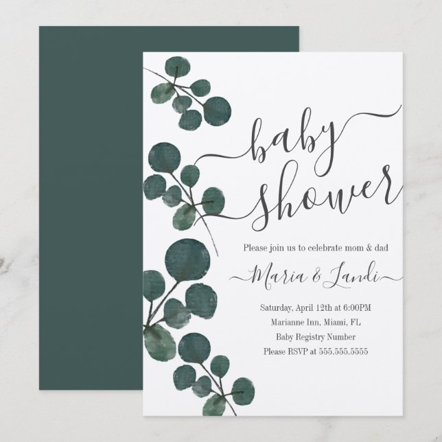 Invitation Aquarelle Eucalyptus Baby shower vert Kraft (Devant / Derrière)