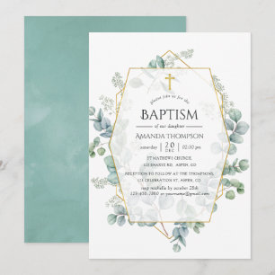 Invitation Aquarelle Eucalyptus Baptême géométrique
