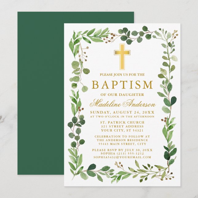 Invitation Aquarelle Eucalyptus Cadre Or Baptême (Devant / Derrière)
