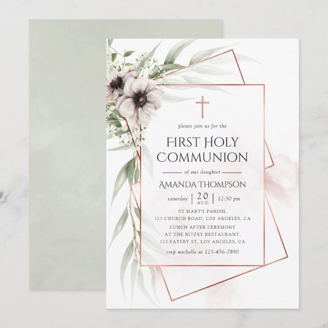 Invitation Aquarelle Eucalyptus Communion géométrique sainte (Devant / Derrière)