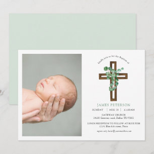 Invitation Aquarelle Eucalyptus Croix moderne Photo Baptême