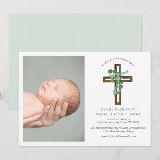 Invitation Aquarelle Eucalyptus Croix moderne Photo Baptême