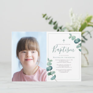Invitation Aquarelle Eucalyptus Cross Photo Baptême