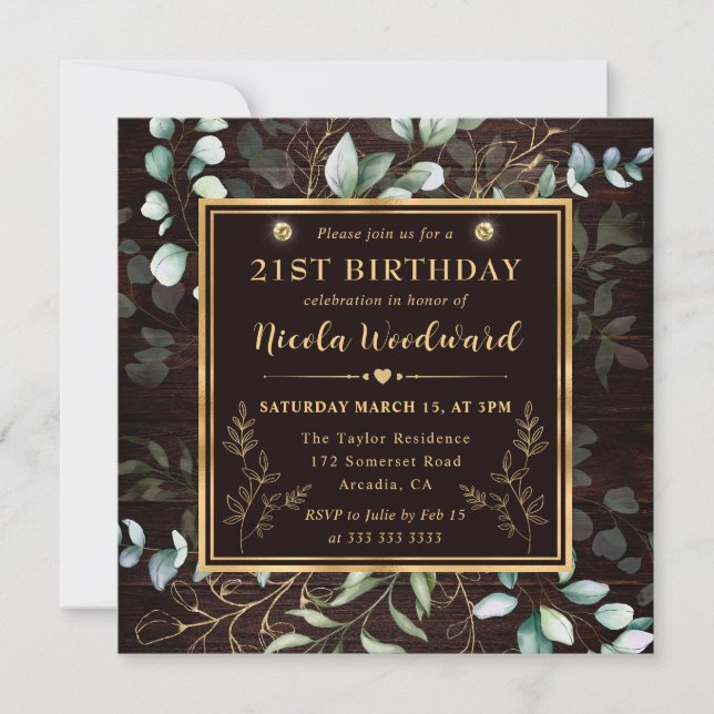 Invitation Aquarelle Eucalyptus et cadre or Anniversaire (Devant)