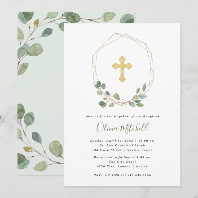Invitation Aquarelle Eucalyptus et Gold Cross| Baptême (Devant / Derrière)