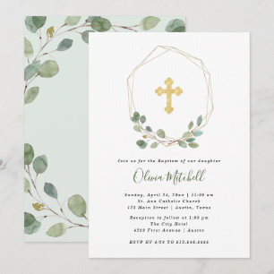 Invitation Aquarelle Eucalyptus et Gold Cross  Baptême