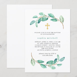 Invitation Aquarelle Eucalyptus et Gold Cross  Baptême