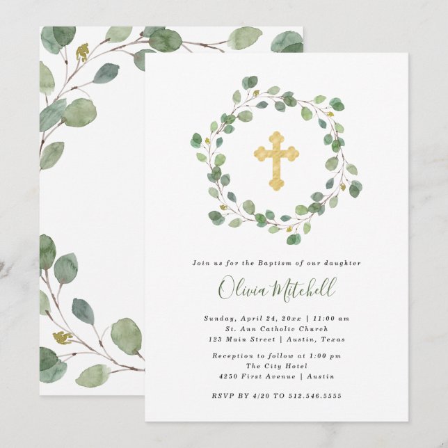 Invitation Aquarelle Eucalyptus et Gold Cross| Baptême (Devant / Derrière)