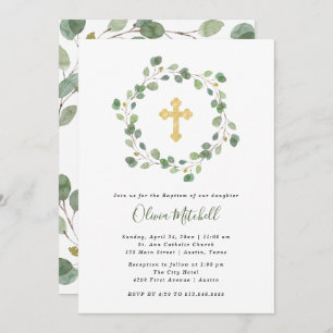 Invitation Aquarelle Eucalyptus et Gold Cross  Baptême