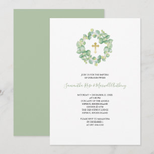 Invitation Aquarelle Eucalyptus et Gold Cross Baptiser