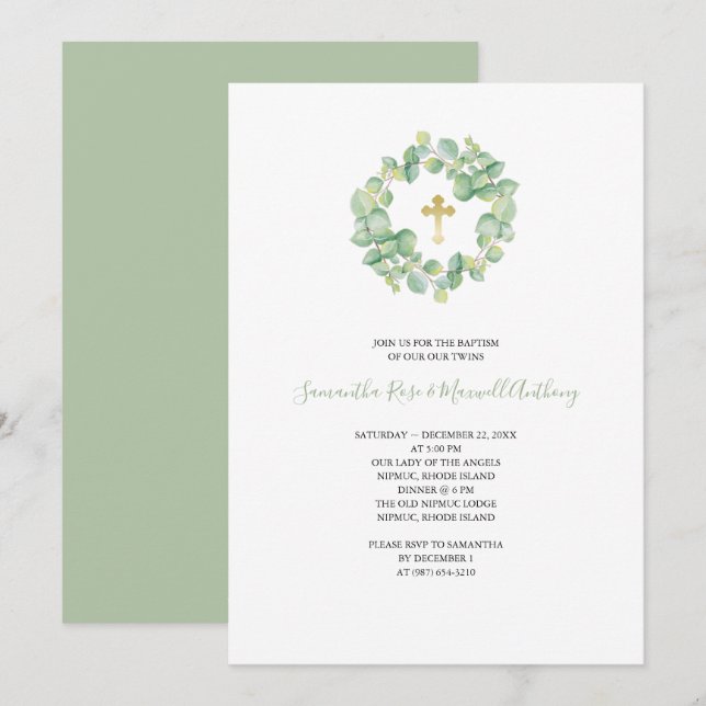 Invitation Aquarelle Eucalyptus et Gold Cross Baptism (Devant / Derrière)