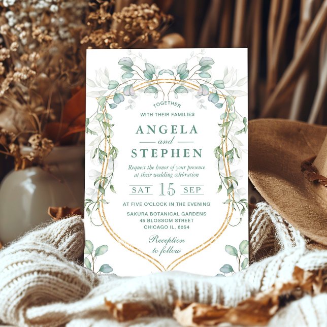 Invitation Aquarelle Eucalyptus et Mariage de trame or (Créateur téléchargé)